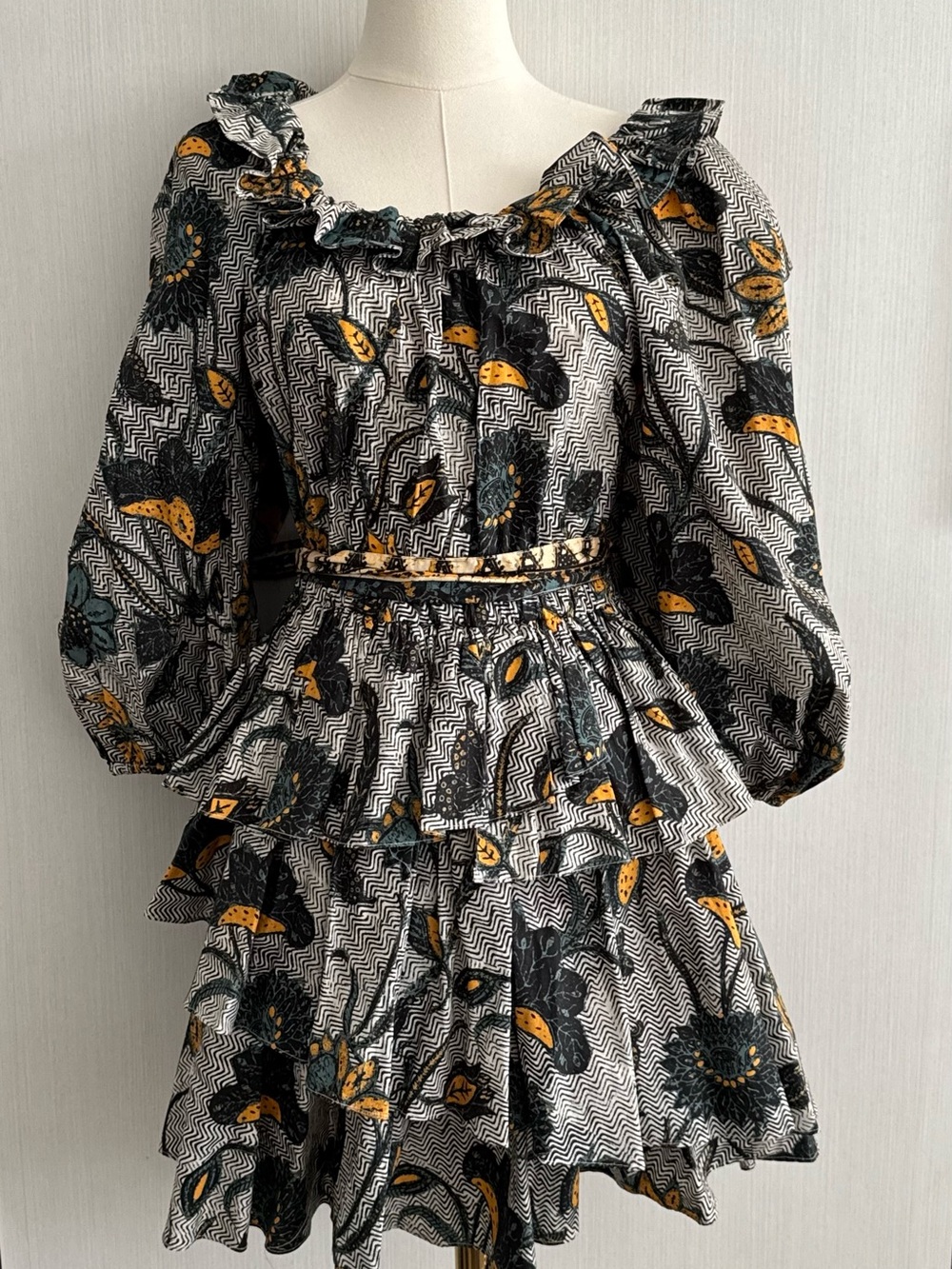 Ulla Johnson Black and Mustard Floral Ruffle Tiered Dress